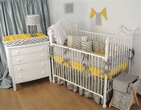 Grey And Yellow Gender Neutral Crib Bedding With Bright Yellow Grey