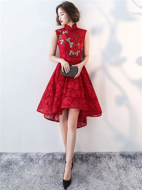 Red Lace Embroidered Qipao Cheongsam Evening Dress With Dip Hem Cozyladywear