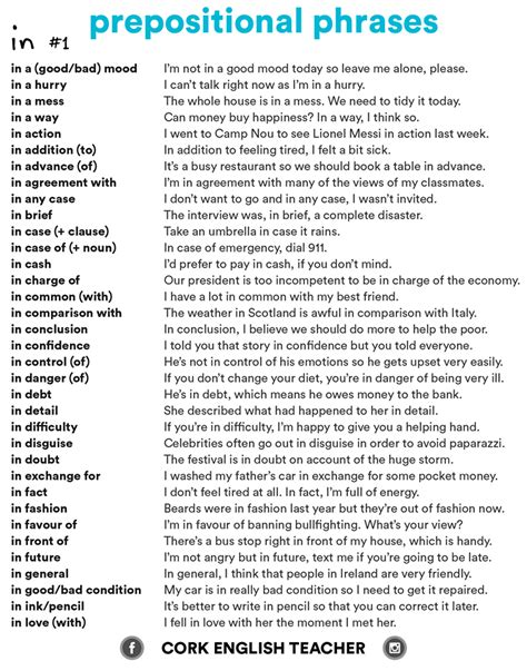 Prepositional phrase examples | infographic. 👉 100+ Prepositional Phrase Sentences List & Prepositions - MyEnglishTeacher.eu Blog