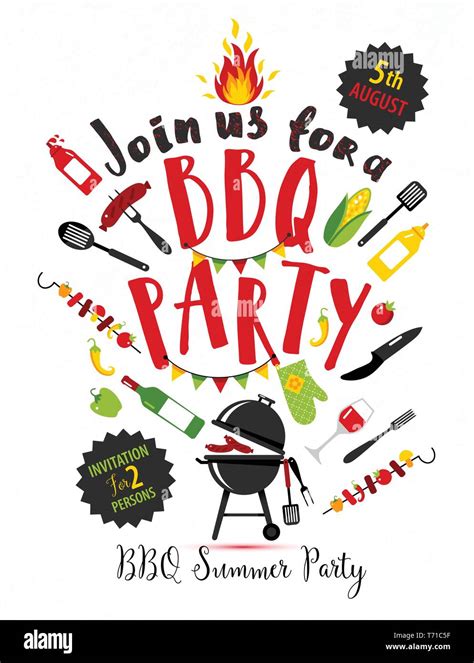 Barbecue Party Invitation On Black Background With Symbols Of Bbq Stock