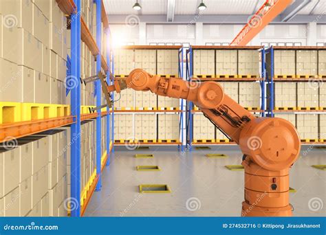 Automation Factory Or Cargo With 3d Rendering Robotic Arm Carry