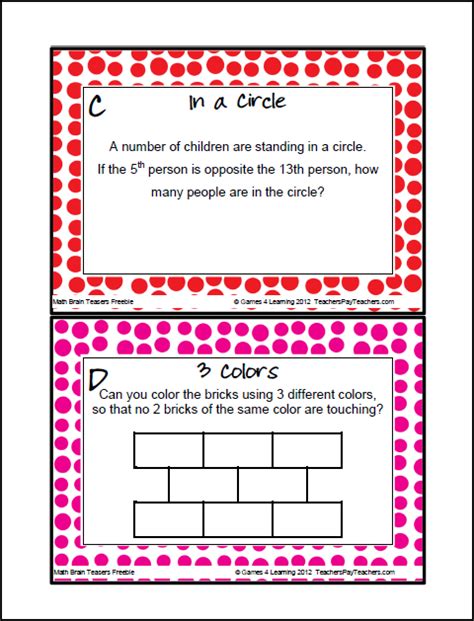 Freebie Math Brain Teaser Task Cards From Games 4 Learning Learning
