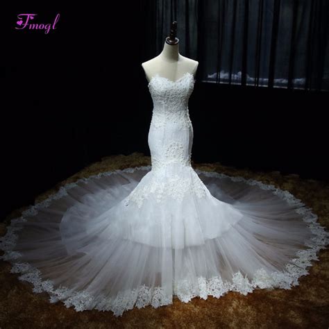 Fmogl Elegant Strapless Appliques Mermaid Wedding Dress 2019 Graceful