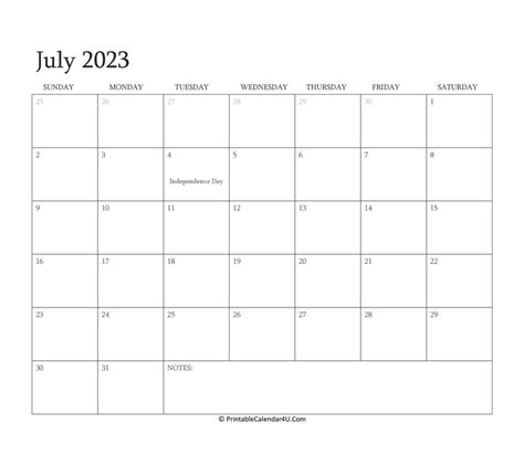 July 2023 Calendar Templates