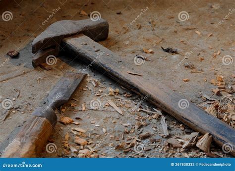 Old Rusty Carpenter S Tools Hammer And Chisel On The Workbench Stock
