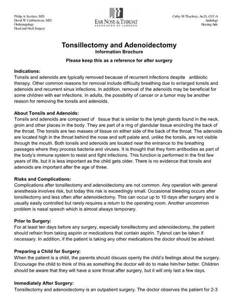 Tonsillectomy And Adenoidectomy Information Brochure Please Keep This