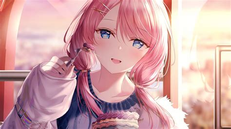 Download Cute Anime Girl Beautiful Eating Cake 1920x1080 Wallpaper