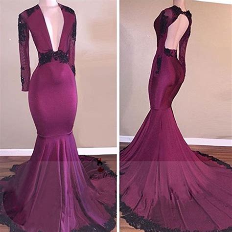 Black Lace Purple Long Sleeve Prom Dresses 2018 Beads Backless Vestidos