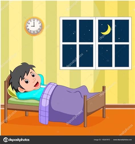 Cartoon Boy Sleeping In Bed In Night Cap