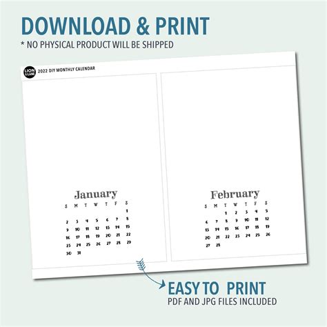 2022 Diy Calendar 5x7 Printable Blank Calendar Cute Bonus Etsy