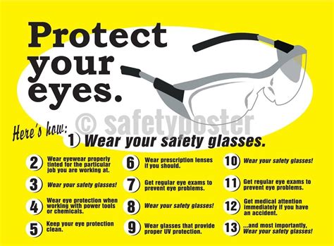 Protective eye wear should be made from polycarbonate material because it resists shattering and can provide uv (ultraviolet light) protection. Protect Your Eyes, Wear Safety Glasses - Safety Poster