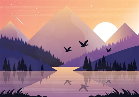 Vector Beautiful Landscape Illustration With Lake And Birds
