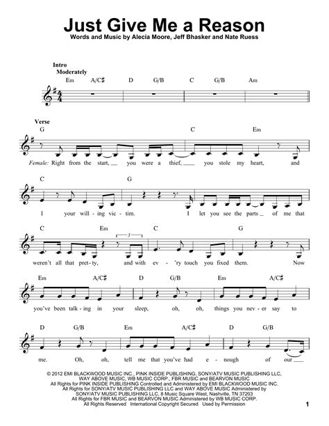 Just Give Me A Reason Sheet Music Pink Featuring Nate Ruess Pro Vocal