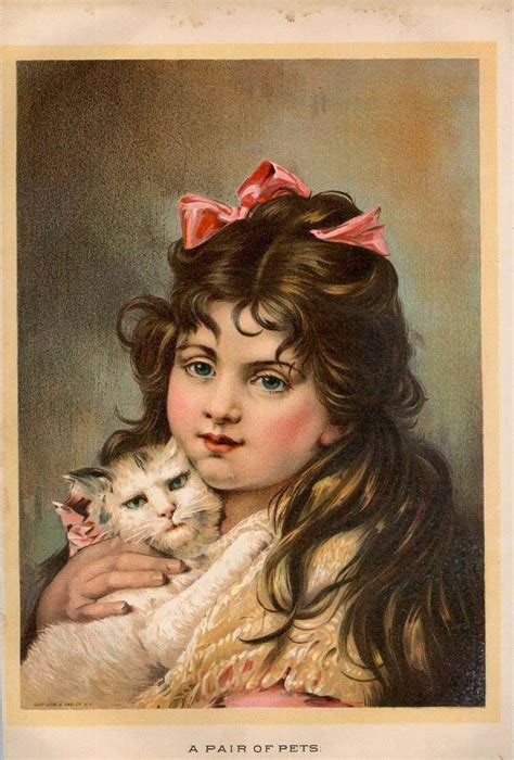 C1880 Cat Girl Print Kitten Chromolithograph Lady Long Hair From
