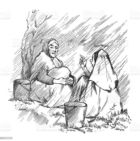 Antique Illustration Two Women Sitting On The Ground Near Buckets Talking Stock Illustration