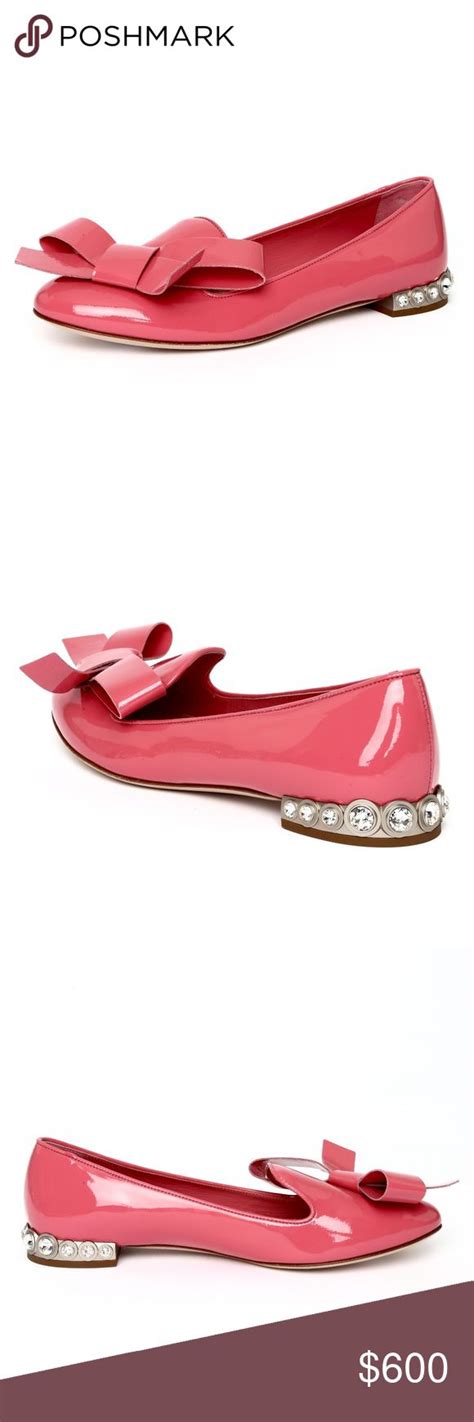 Miu Miu Pink Jewel Heel Patent Bow Flats 75 Jeweled Heels Bow Flats