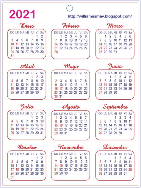 Calendario 2021 Para Imprimir Gratis