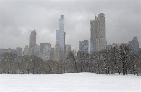 Central Park During Middle Of Snowstorm With Snow Falling In New York