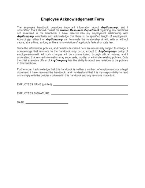 Employee Acknowledgement Form Anycompany Voluntarily And