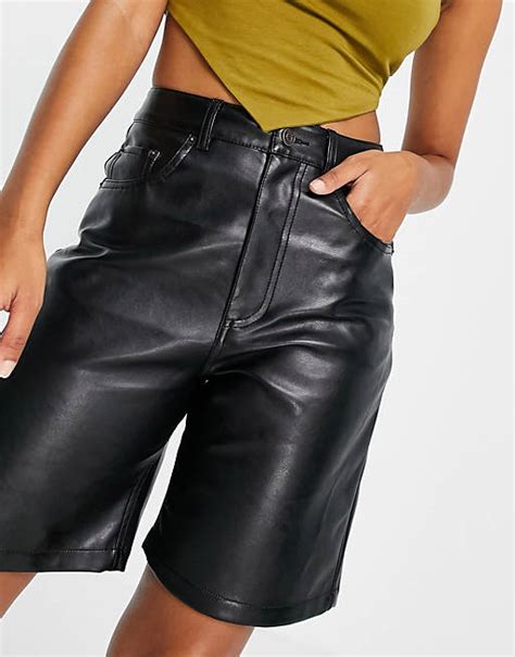 Asos Design Leather Look Dad Shorts In Black Asos