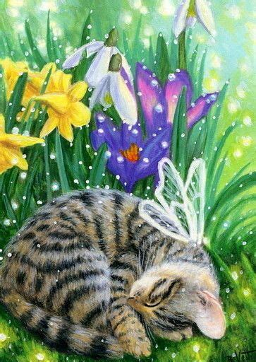 Aceo Original Cat Kitten Fairy Dewdrop Spring Garden Flower Painting