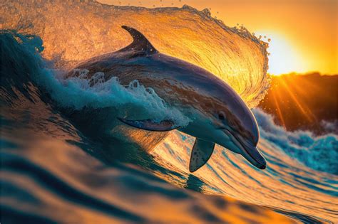 Beautiful Portrait Of A Dolphin Jumping From Water At The Sunset