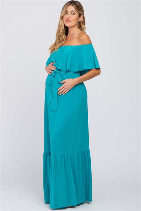 Turquoise Off Shoulder Maternity Maxi Dress Pinkblush