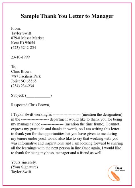 Thank You Letter Template To Bossmanager Sample And Examples