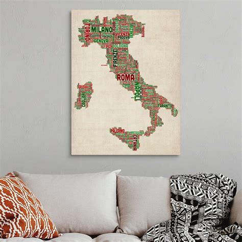 Italian Cities Text Map Italian Colors On Parchment Wall Art Canvas