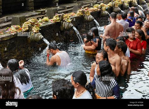 People Making Ritual Purification In The Holy Spring Tirta Empul Temple Tampaksiring Bali