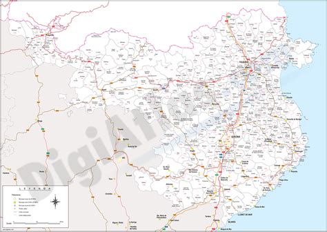 Girona - province map with municipalities, postal codes and roads