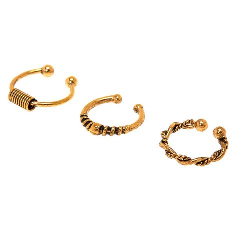 Gold Burnt Bali Faux Hoop Nose Rings 3 Pack Claires Us