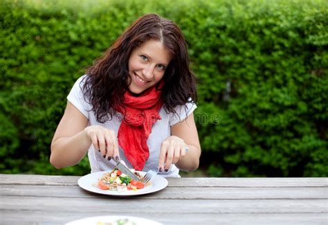 Beautiful Brunette Woman Eating A Salad Stock Image Image Of Salad