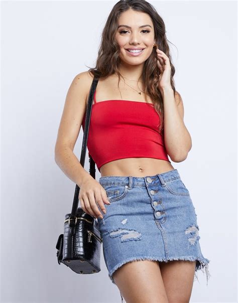 my girl cropped tank girls denim skirts summer fashion outfits red tube top