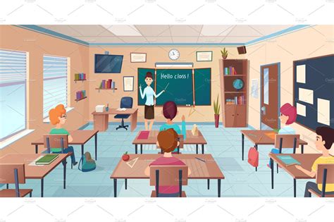 Lesson In Classroom Pupils At Desks Background Graphics ~ Creative