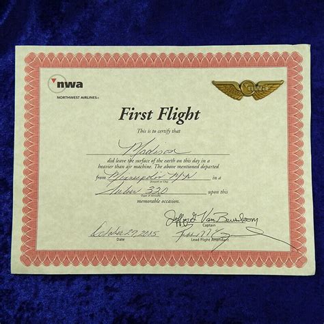 Norethwest Airlines Nwa First Flight Certificate With Plastic Wings