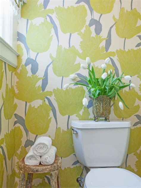 Bathroom With Yellow And Gray Floral Wallpaper Hgtv