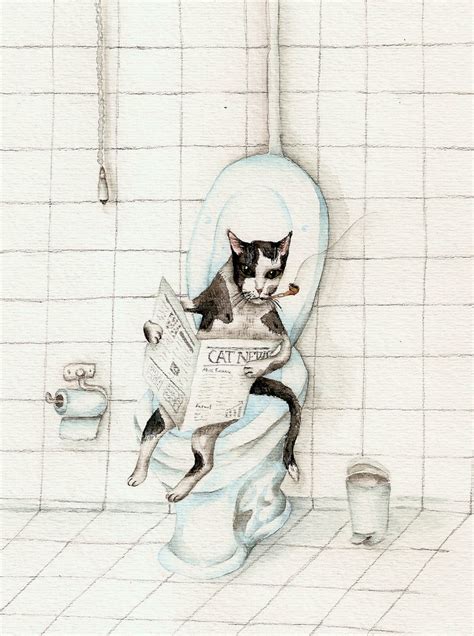 Cat Reading Newspaper On The Toilet Art Print Of Watercolor Etsy