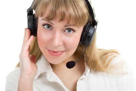 smiling beautiful woman with phone headset stock image image of person blond 37782529
