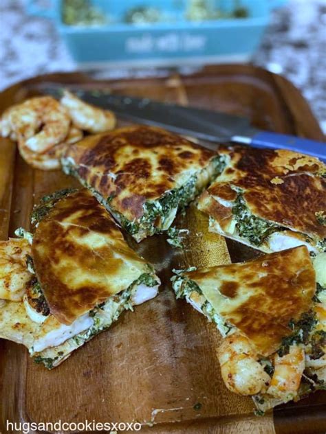 Spinach and artichoke chicken quesadillas. Spinach Artichoke Quesadillas with Chipotle Shrimp