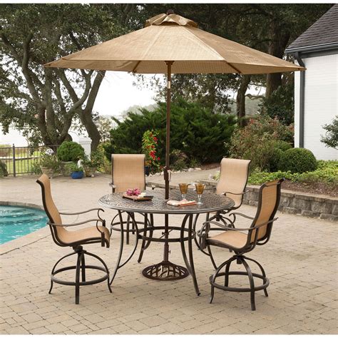 Hanover Manor 5 Piece Outdoor High Dining Bar Set With Umbrella And