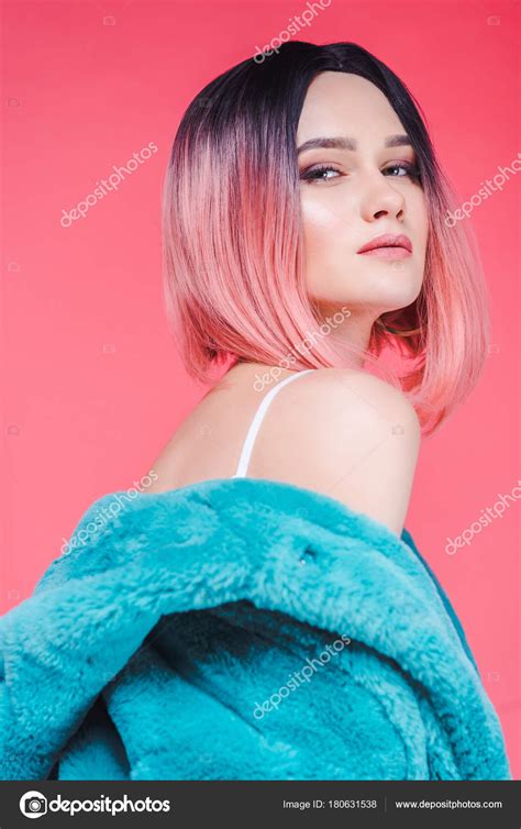 Sensual Girl Pink Hair Posing Blue Fur Coat Isolated Pink Stock Photo
