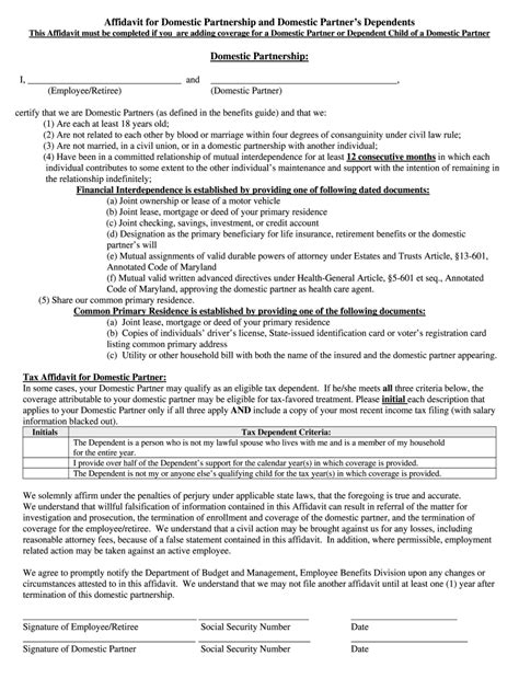 I recently became unemployed so my domestic partner added me to his health insurance plan. Affidavit Of Domestic Partnership Md - Fill Online, Printable, Fillable, Blank | pdfFiller
