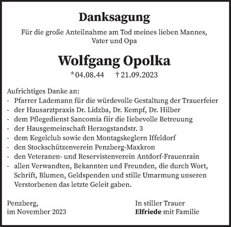 Traueranzeigen Von Wolfgang Opolka Trauermerkurde