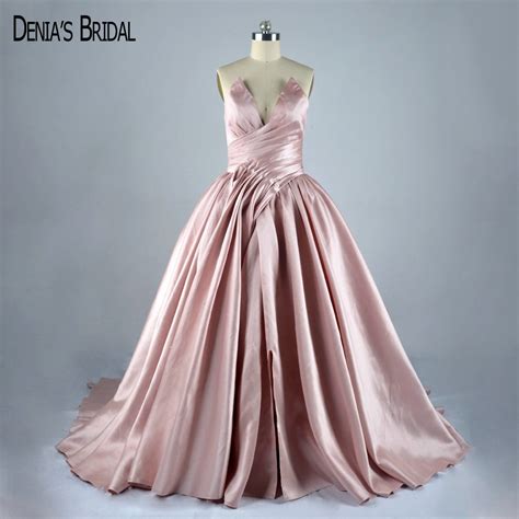 Pink Sweetheart Pleated Ball Gown Evening Dresses With Front Slit Silk