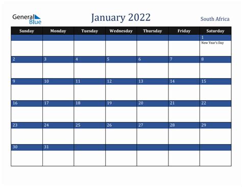 January 2022 South Africa Holiday Calendar
