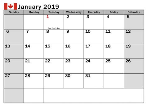 2019 January Calendar Canada Template 2019 Calendar