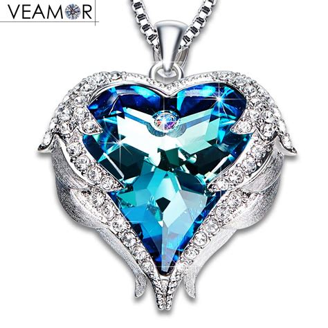 Veamor Angel Wings Pendant Necklaces Blue Crystal Heart Necklace For