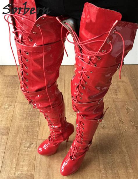 Sorbern Red Shiny 80cm Crotch Thigh High Boots With Heels Custom Wide