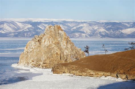 Rock Shamanka Cape Burhan Lake Baikal Winter Landscape Stock Image